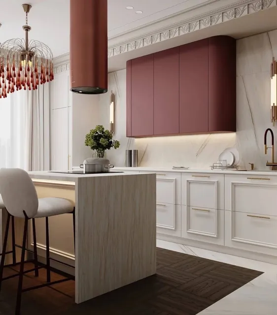 Classic-inspired kitchen with burgundy cabinetry, an island and decorative ceiling details by Celestia Architects