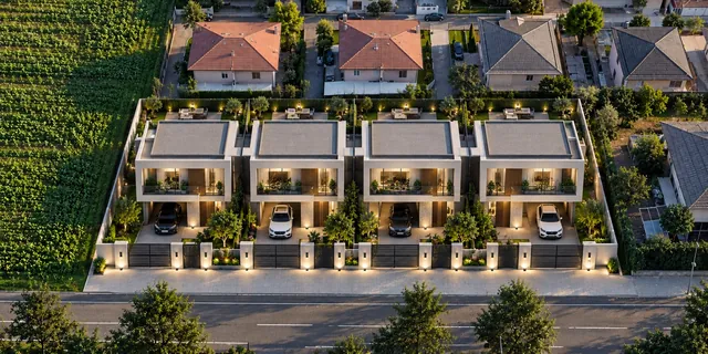 Aerial visualization of four contemporary villas with private gardens and integrated parking by Celestia Architects